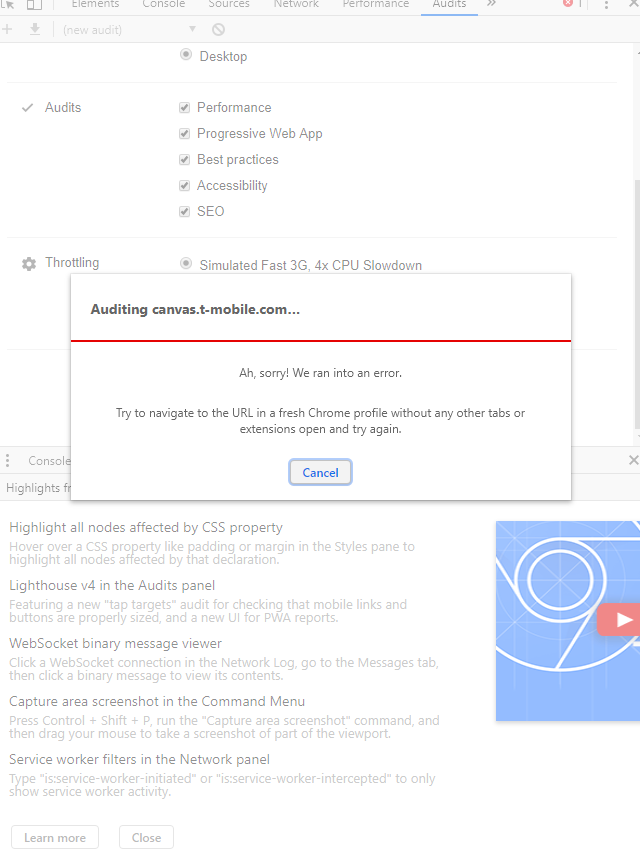 Hi when lighthouse runs it says immediately that it ran into error and ...