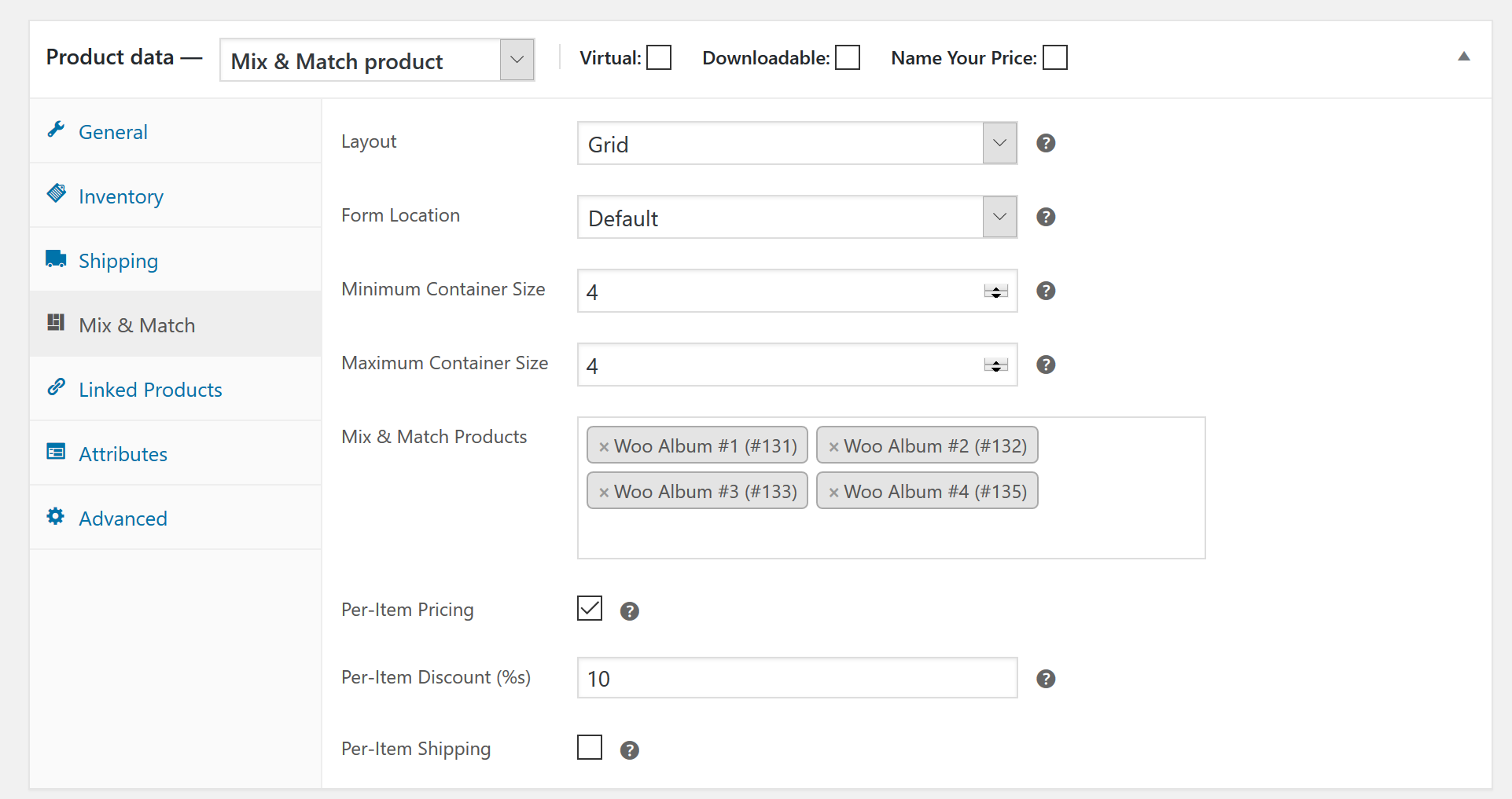 A checkbox labeled "Per-Item Discount(%)" in the product data metabox