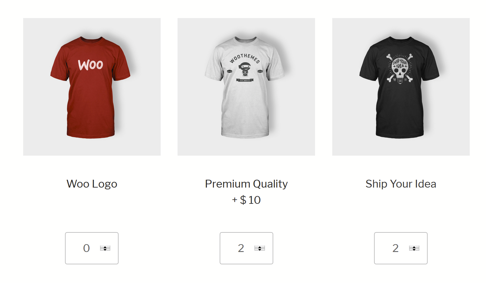 A row of T-Shirt products where the middle shirt is showing a +$10 upcharge