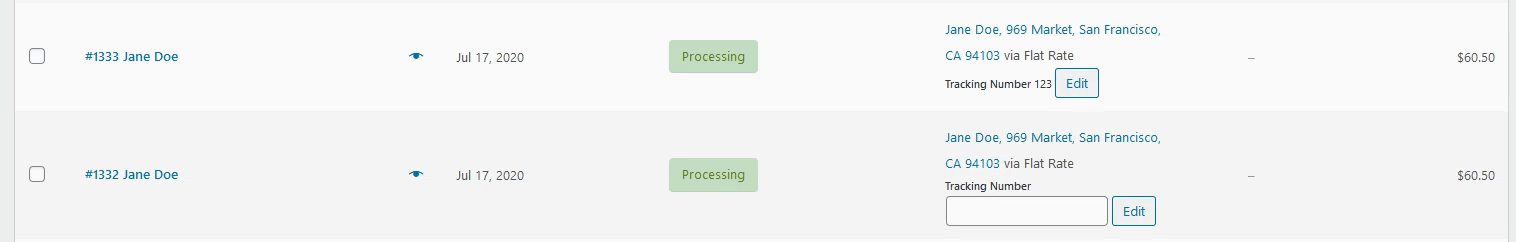 text input in a column of the orders table