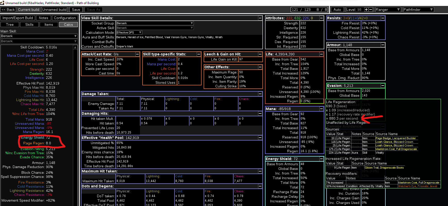Spirit Rage Kaom's spirit rage regen is threshold-based in PoB, but linear in-game ...