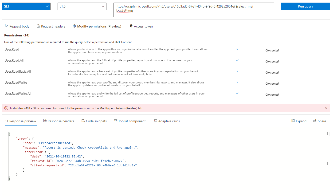 Unable to query for any user mailboxSettings except the current logged