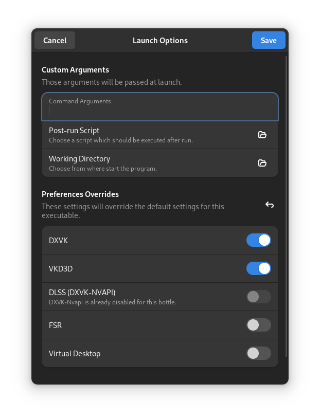 Revisit Launch Options dialog · Issue 2644 · bottlesdevs/Bottles · GitHub