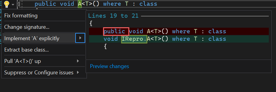 Refactoring to implement explicitly an interface can generate invalid ...