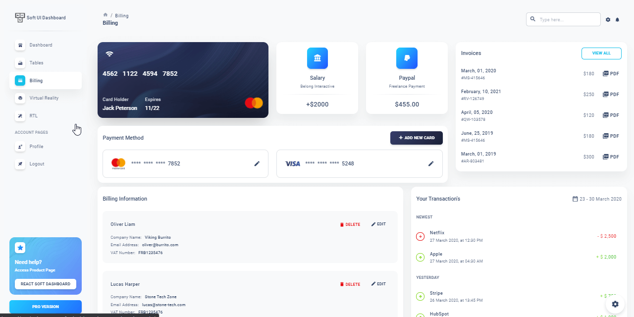 Django React Soft UI Dashboard - Billing Page.