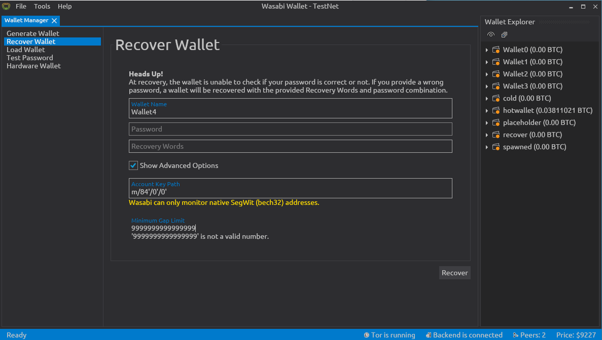 wasabi recover wallet field bug