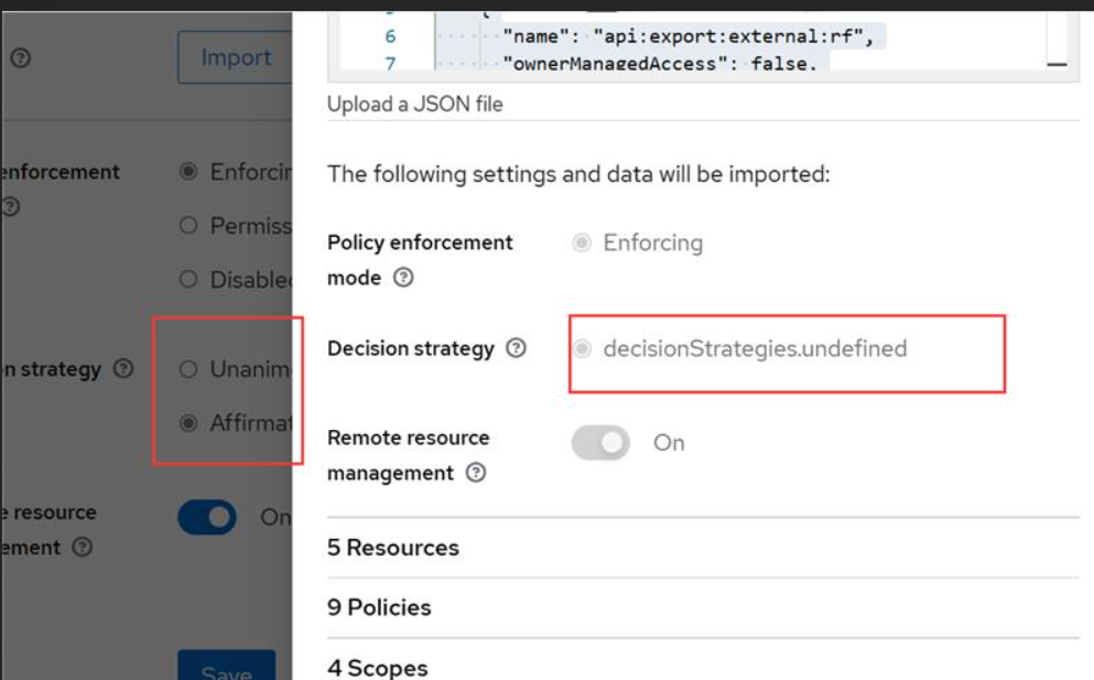 When Clients Authorization import settings, if the Decision strategy