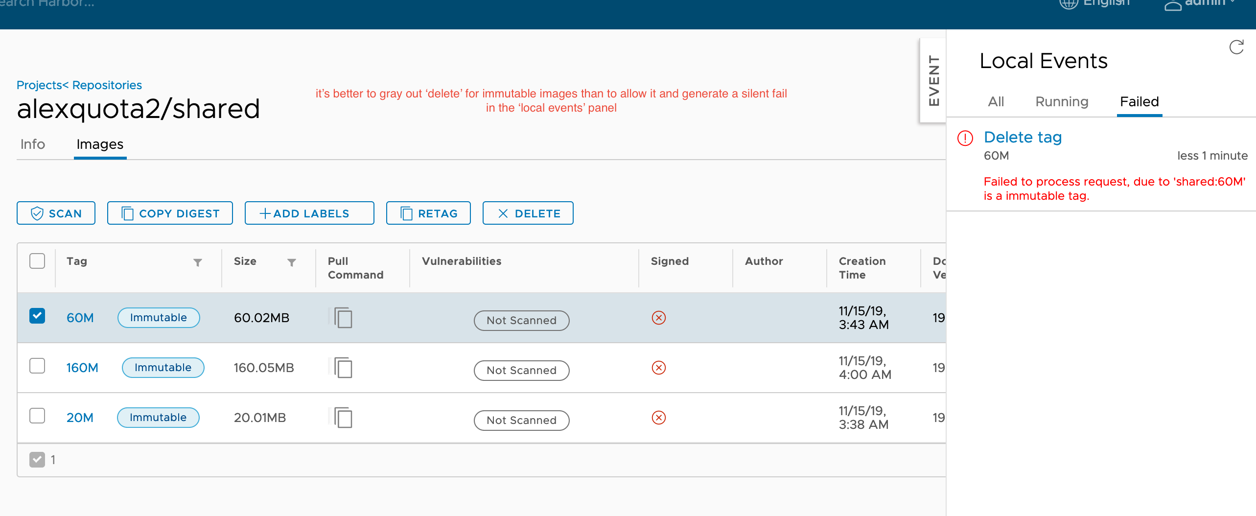 disallow 'deletion' of immutable images in harbor web console UI