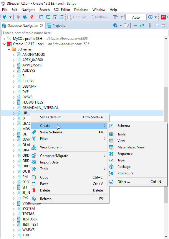 create tables dbeaver