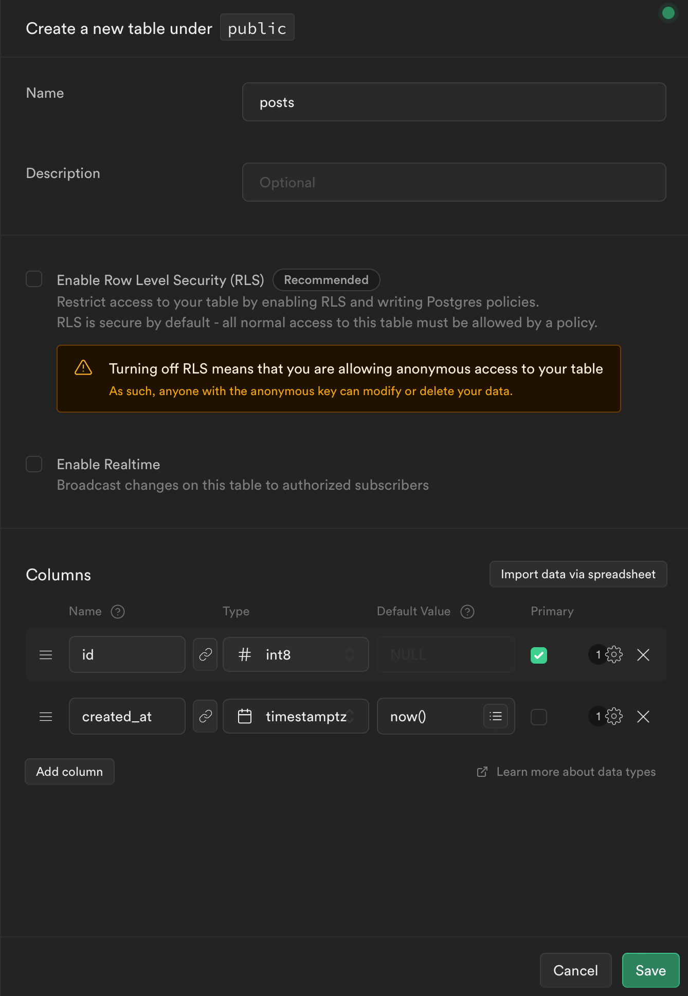 create table example