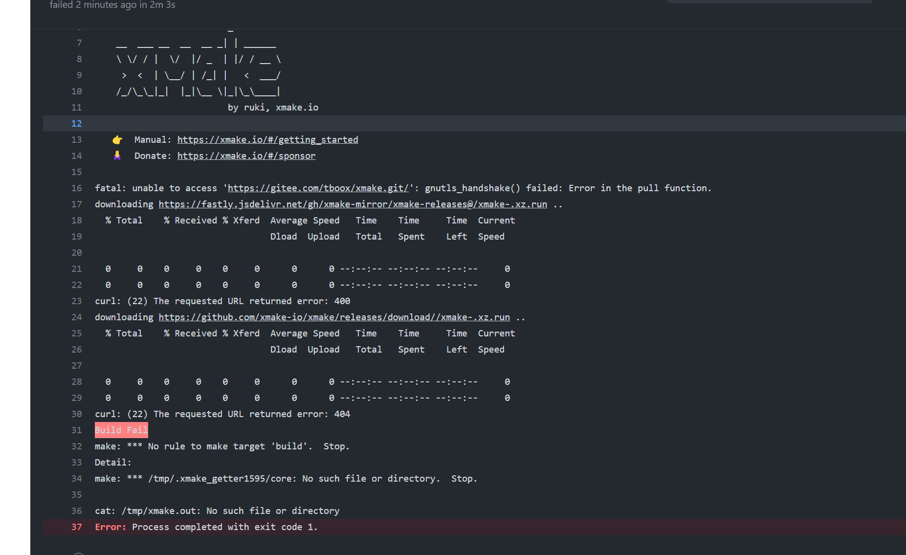 github ci使用curl安装错误使用了gitee仓库 · Issue #2718 · xmake-io/xmake · GitHub