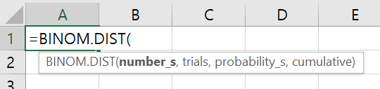 BINOM DIST(number_s, trials, probability_s, cumulative)