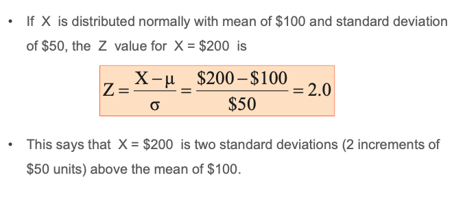 of $50, the Z value for X = $200 is