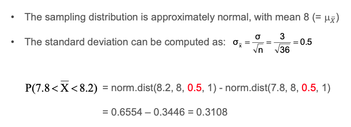 The sampling distribution is approximately normal, with mean 8 (= uz)