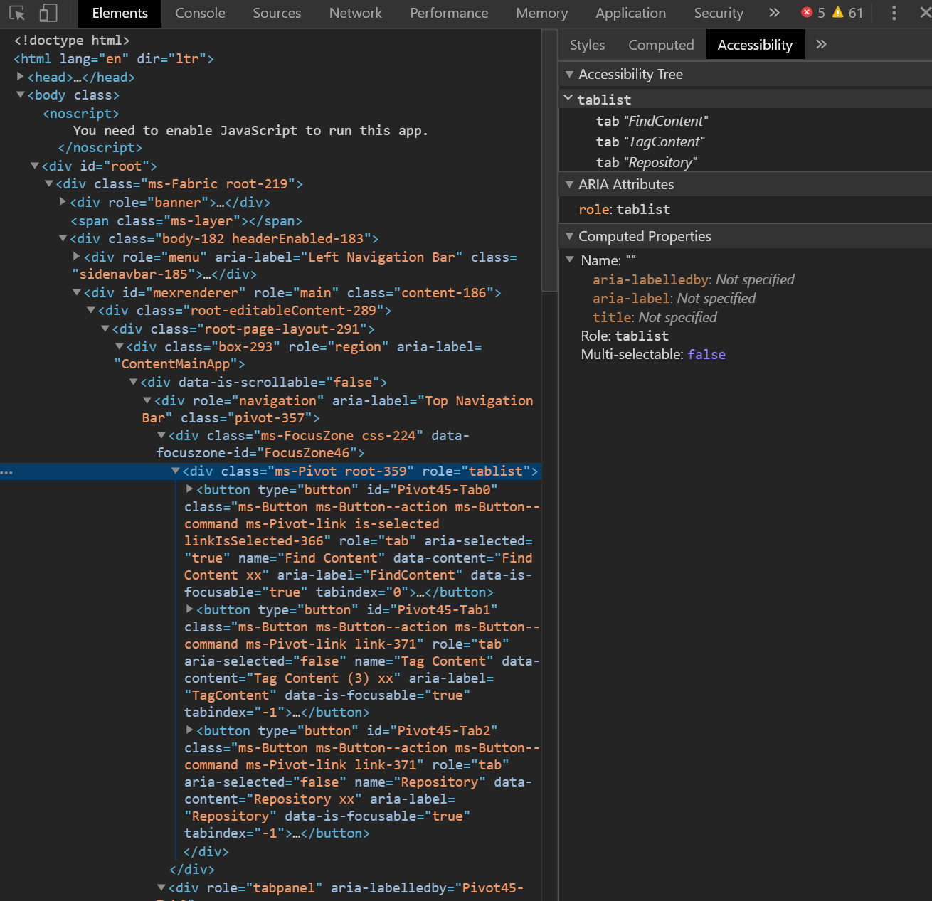 screenshot of Accessibility properties for tablist component