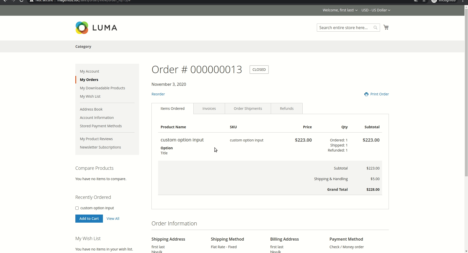 Reorder issue with product custom option error "The product has