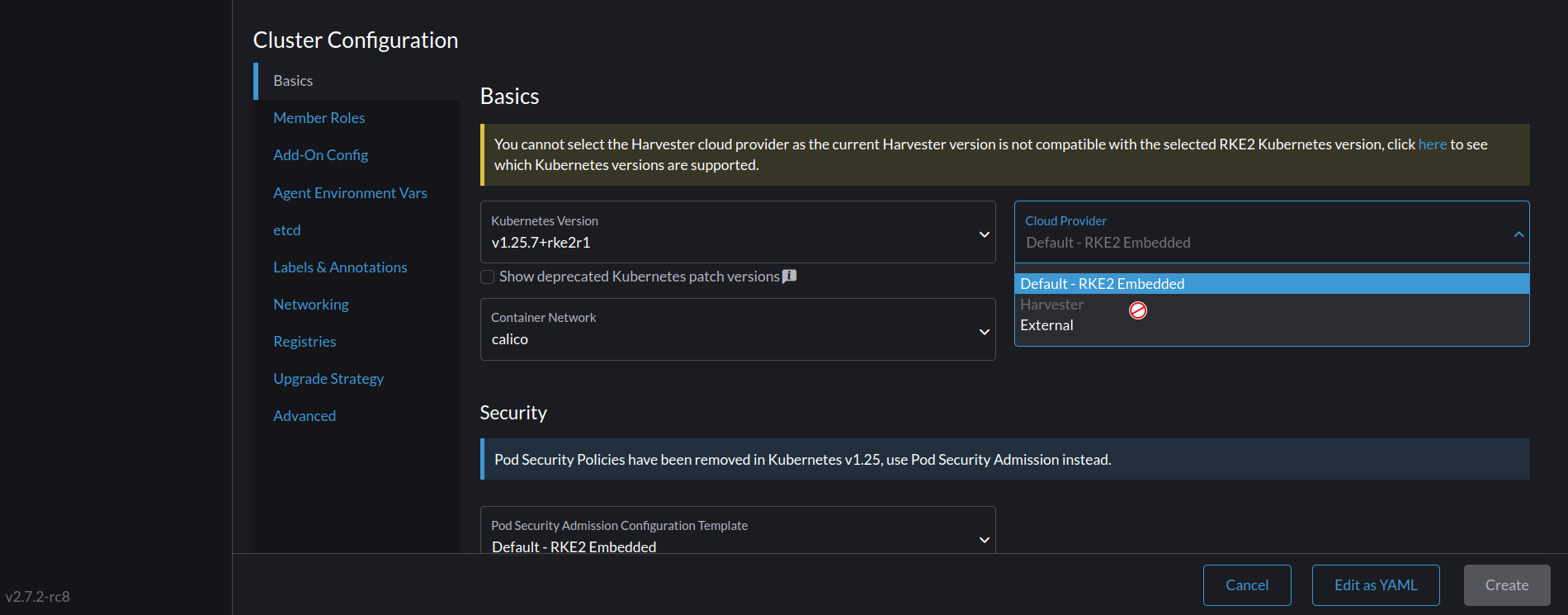 [BUG] Unable to select Harvester Cloud Provider in Rancher v2.7.x