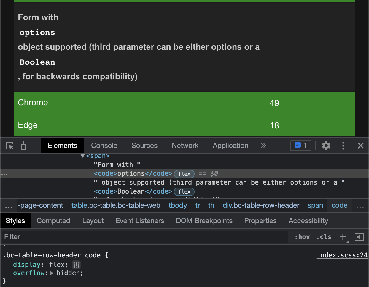 Remove "display flex" on code blocks in BCD tables · Issue 4896 · mdn