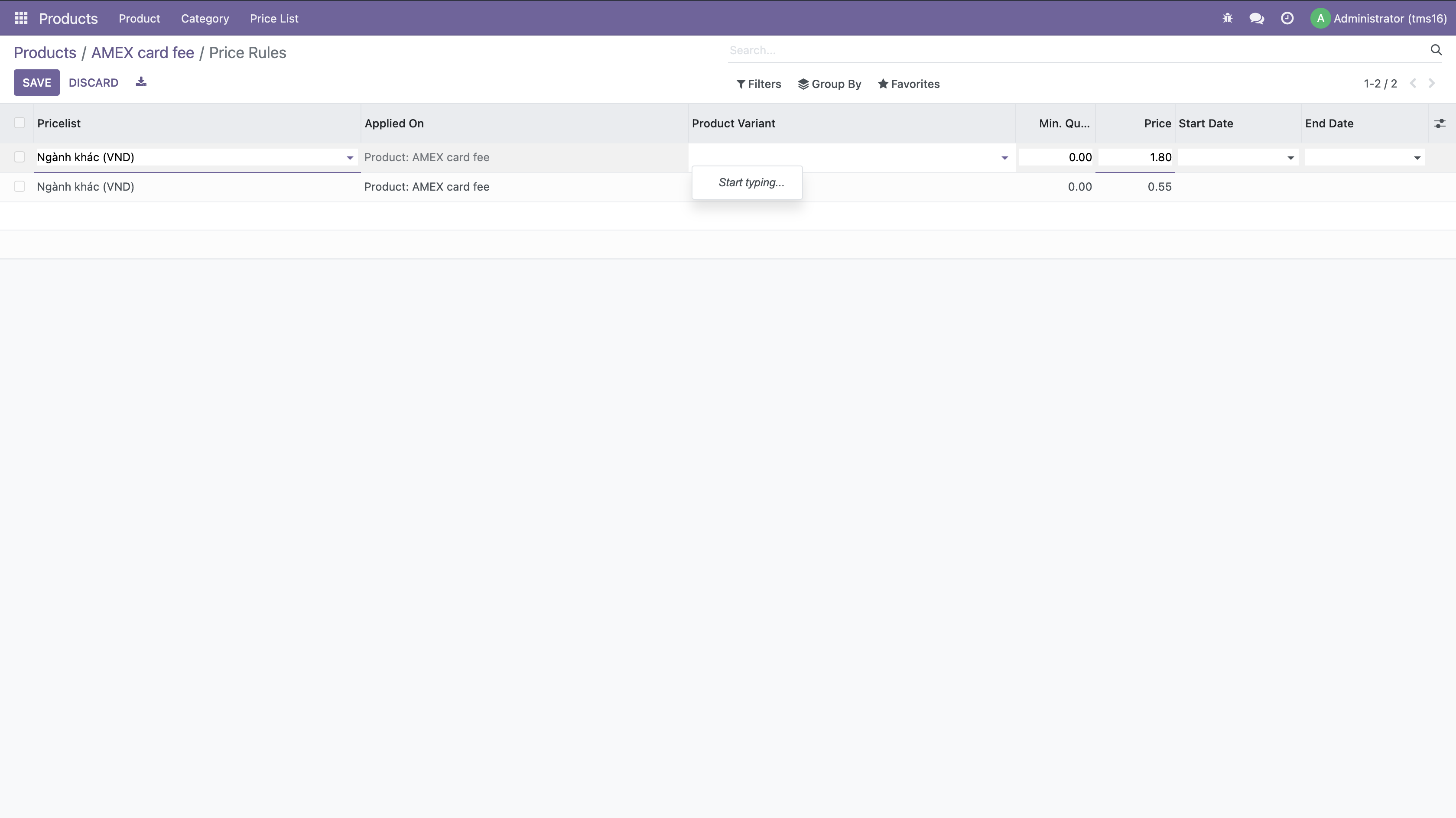  16 0 the product variant in price rule screen don t show values when