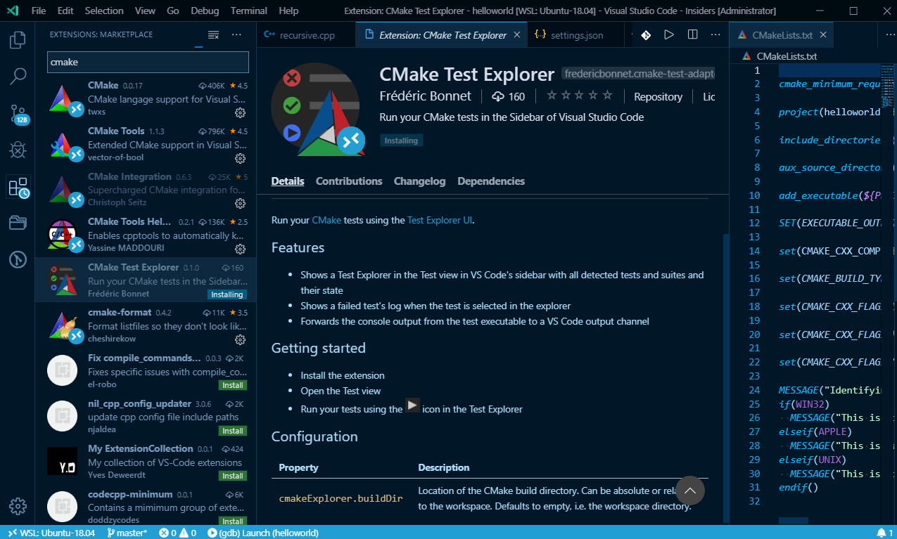 can not install CMake Test EXplorer extension and the issue #79315 ...