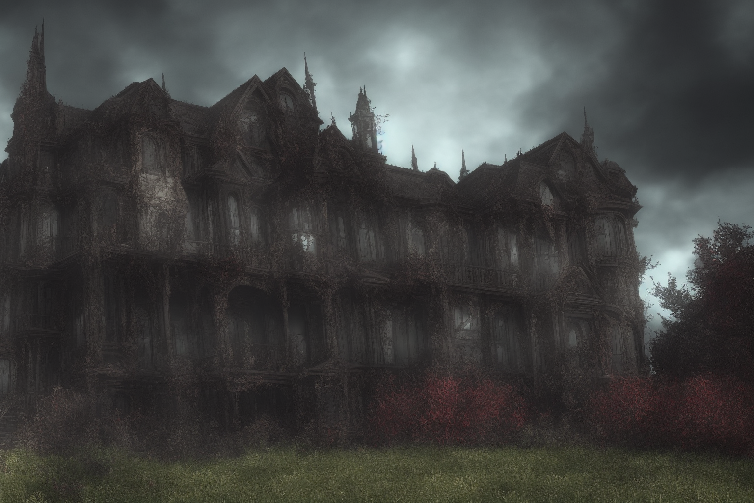 06526-1234-A Detailed hyper-realistic Sinister and dark colored Nouveau Architecture Horror House Ruined by Lovecraftian Eldritch Creatureb7oyqe1s