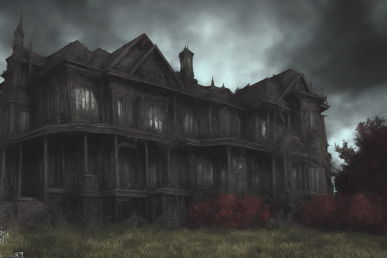 06524-1234-A Detailed hyper-realistic Sinister and dark colored Nouveau Architecture Horror House Ruined by Lovecraftian Eldritch Creaturee_82t5k7