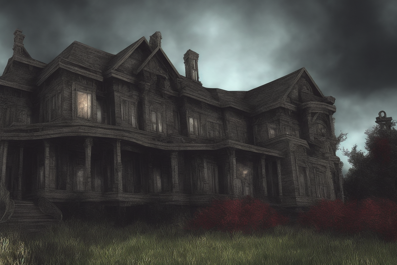 06520-1234-A Detailed hyper-realistic Sinister and dark colored Nouveau Architecture Horror House Ruined by Lovecraftian Eldritch Creaturezv78r6xi