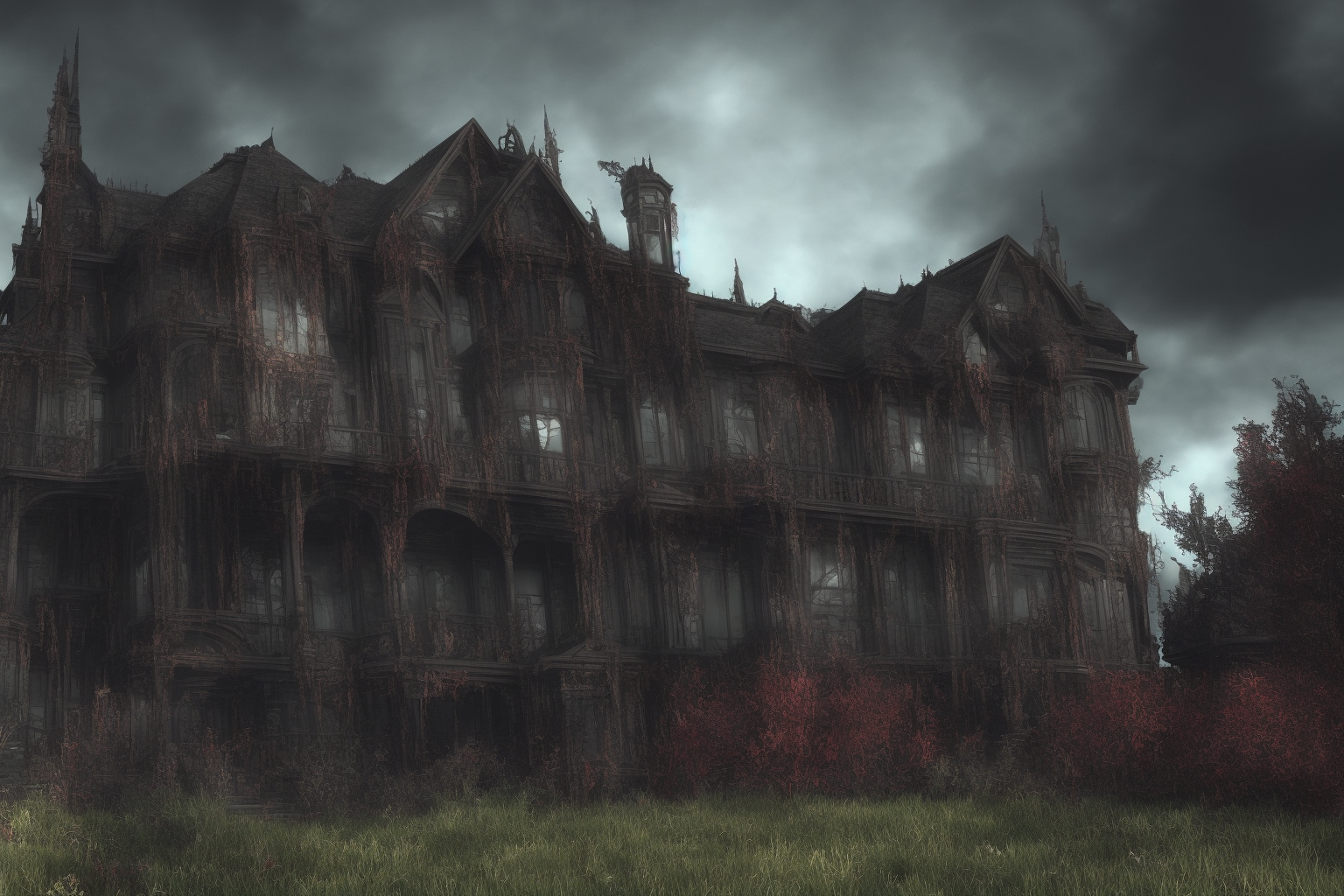 06528-1234-A Detailed hyper-realistic Sinister and dark colored Nouveau Architecture Horror House Ruined by Lovecraftian Eldritch Creatureqvjn0710