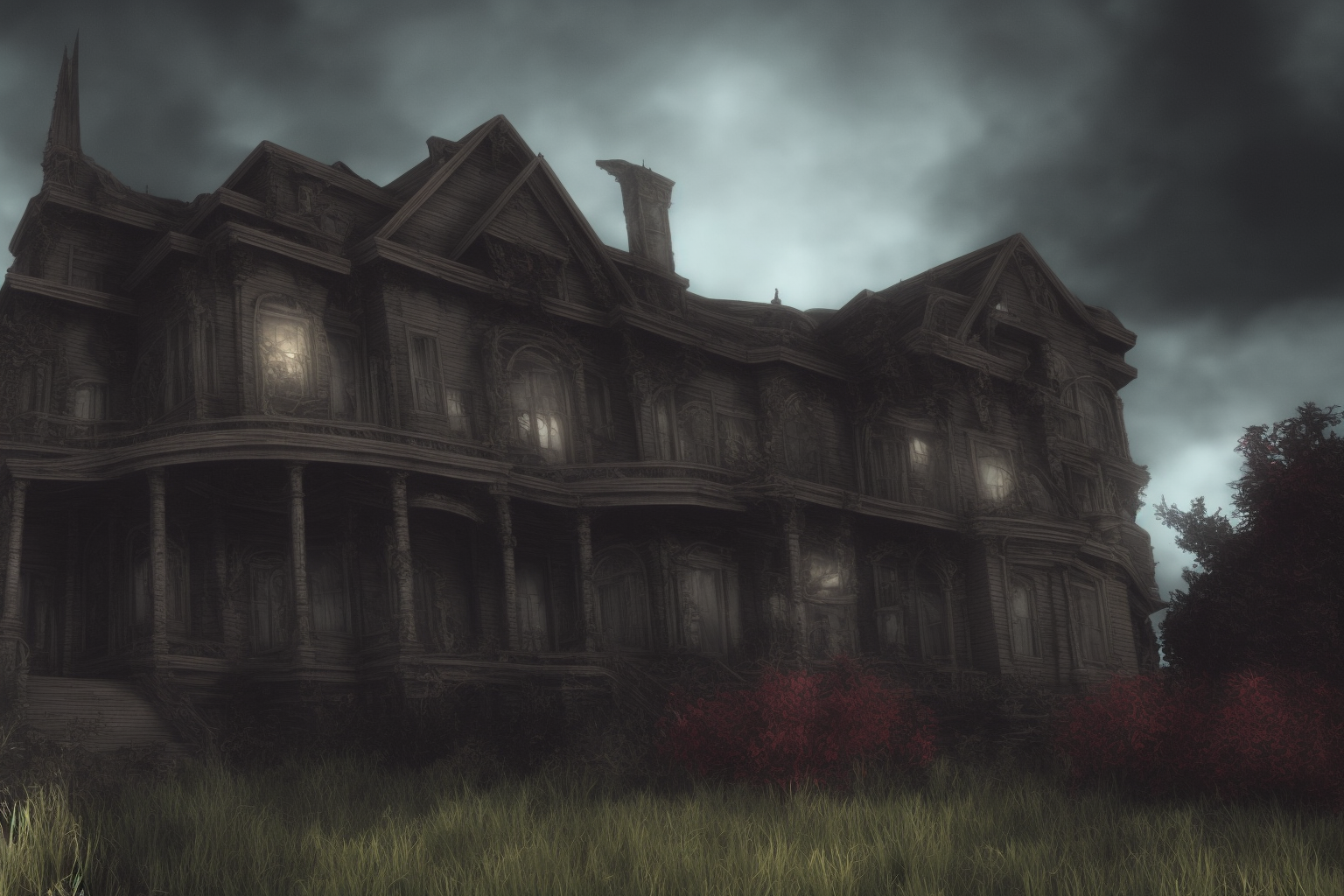 06530-1234-A Detailed hyper-realistic Sinister and dark colored Nouveau Architecture Horror House Ruined by Lovecraftian Eldritch Creaturecysk_rdk