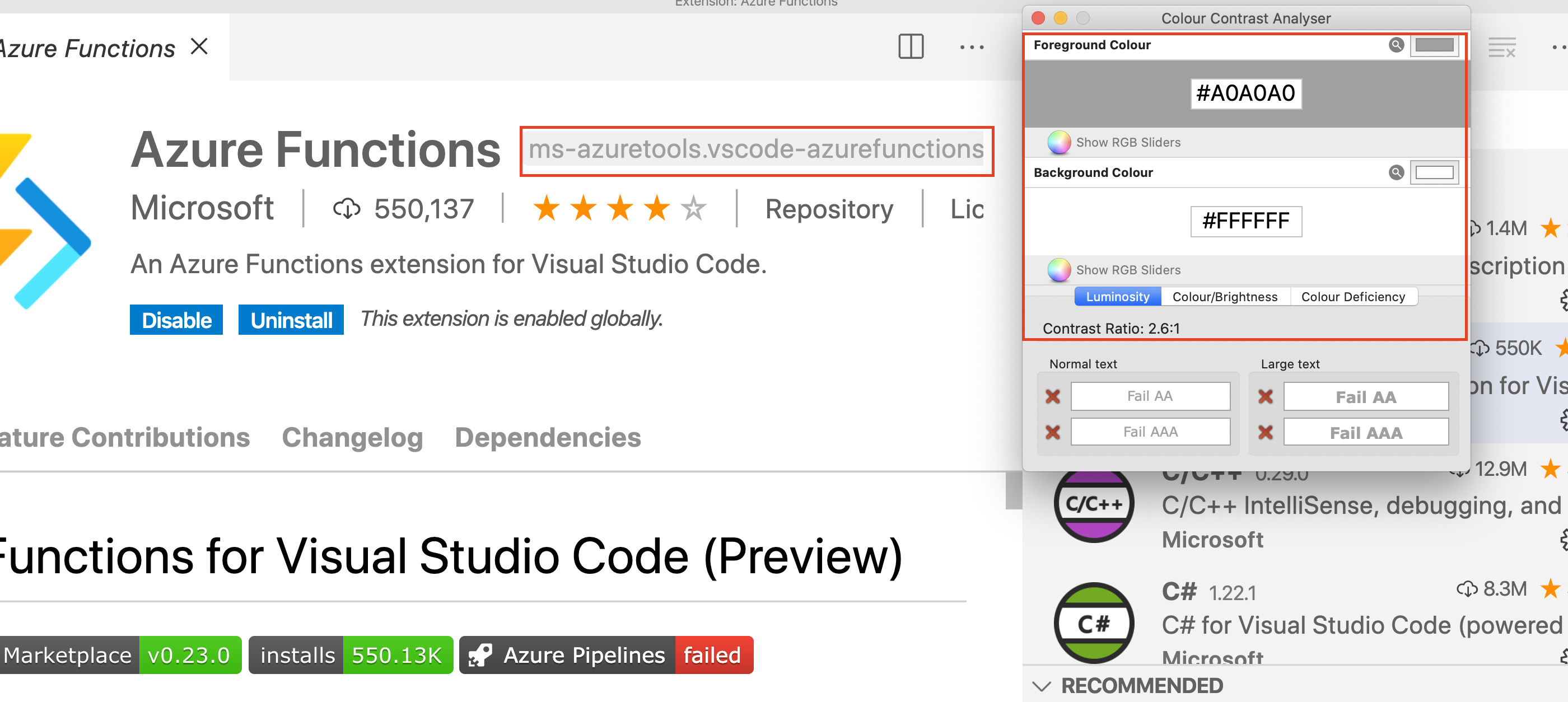 Extension identifier label text has color contrast ratio less than 4.5