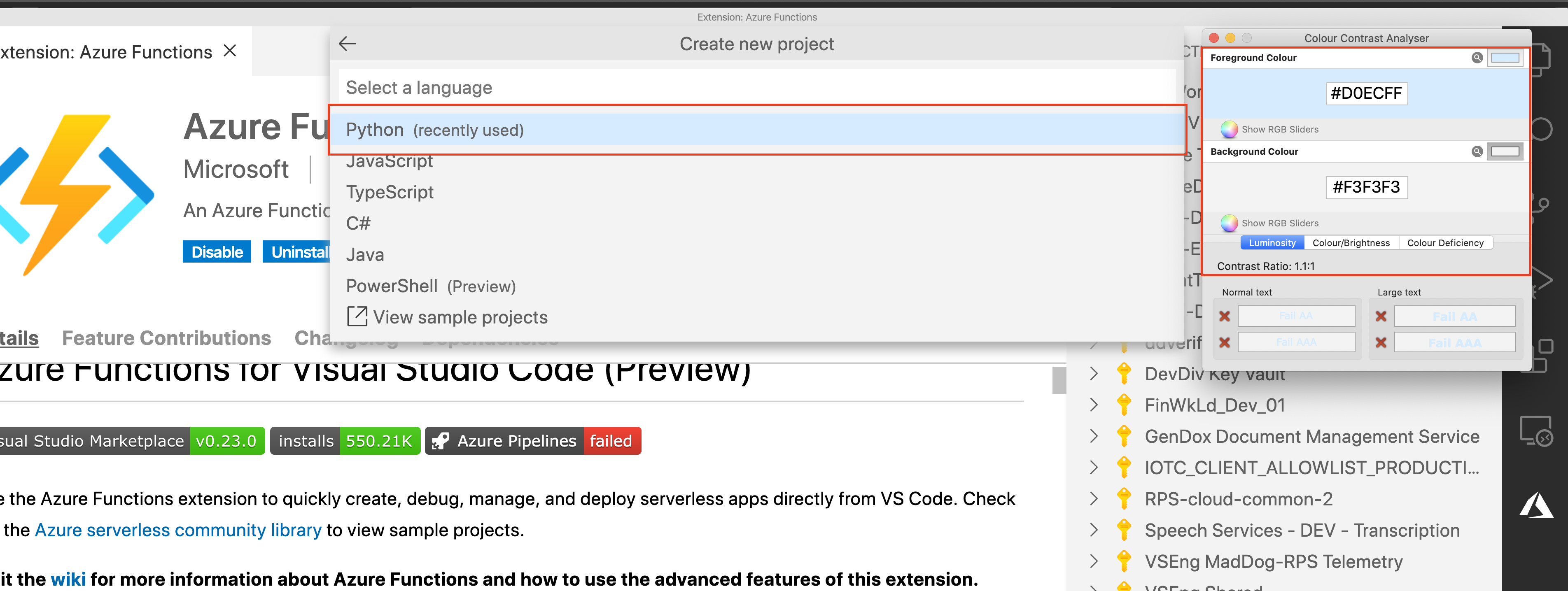 2284_A11y_AzureExtensionsforVSCode_AzureFuction_CreateNewProject__ColorContrast The color contrast ratio of keyboard focus on several controls such as Python , JavaScript , etc is less than 31