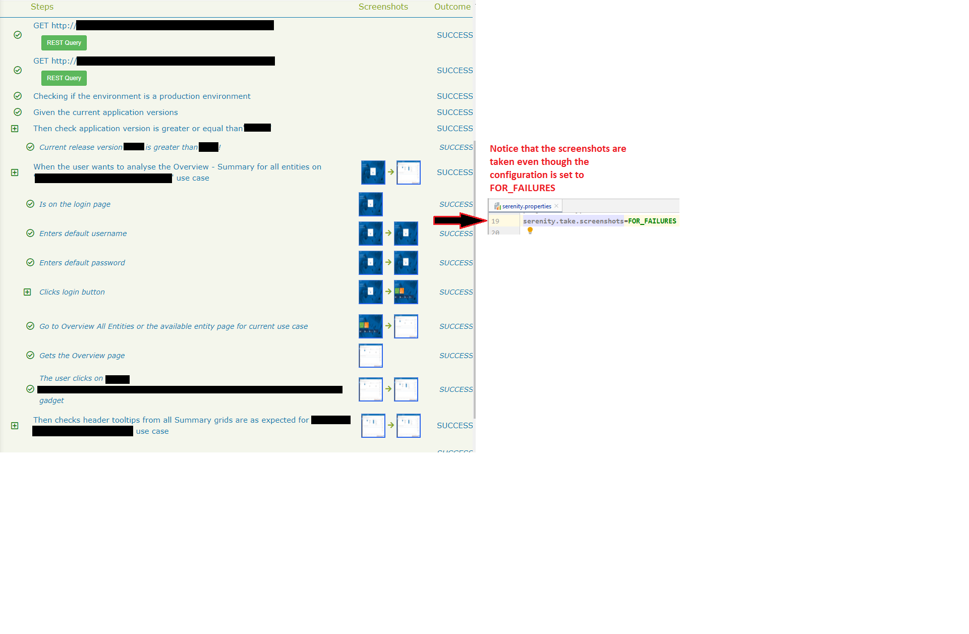 The "serenity.take.screenshots=FOR_FAILURES" configuration is not