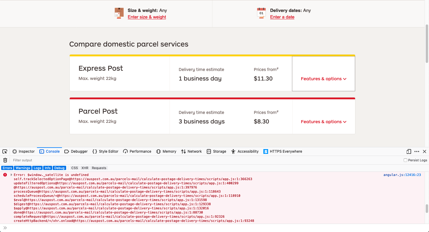 Australia Post Postage Calculator options menu does not open · Issue