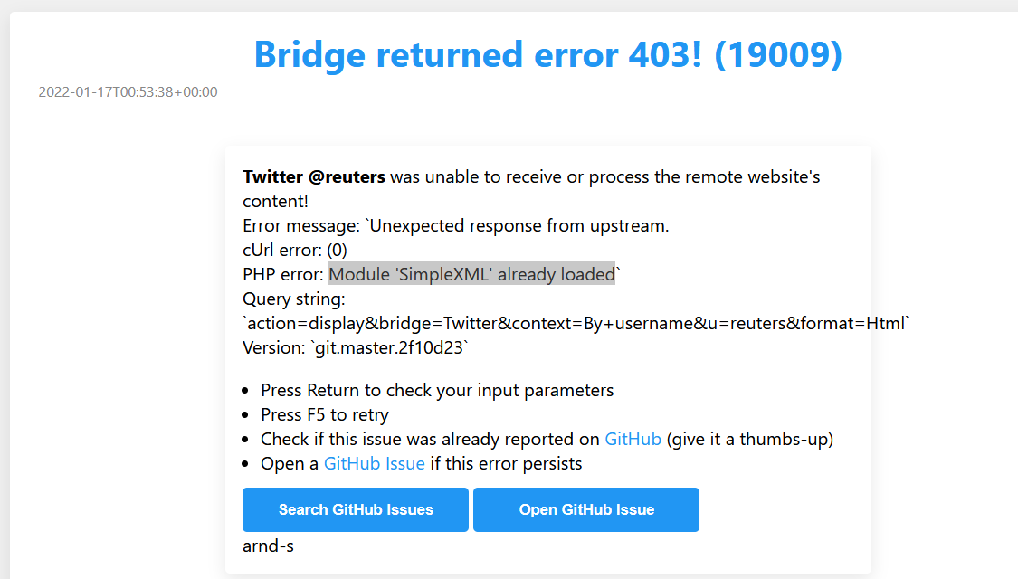 Twitter bridge error 'Module 'SimpleXML' already loaded' · Issue #2421 ...