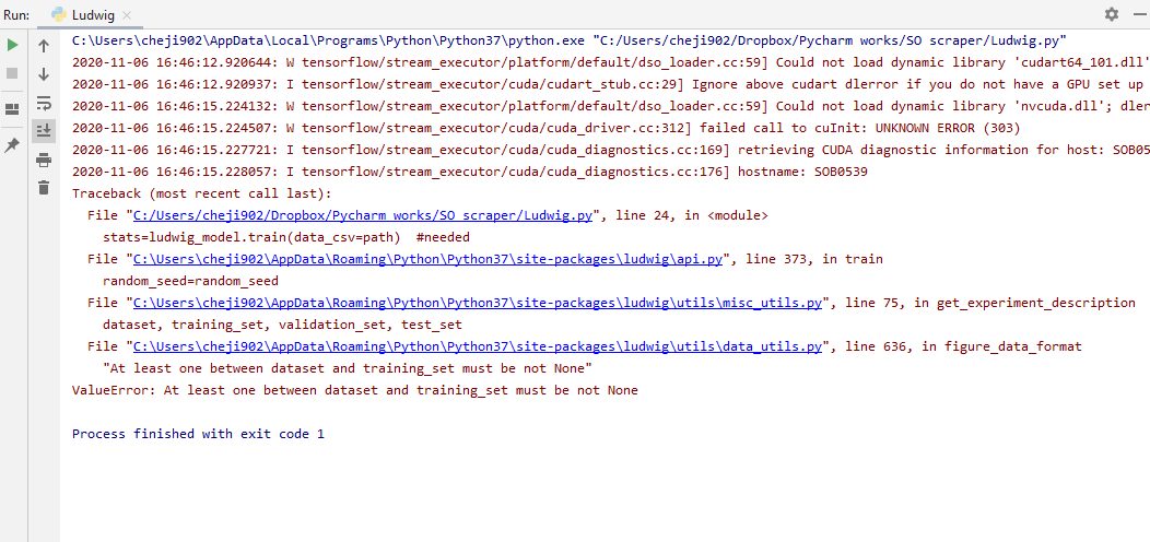 Hi, Ludwig 0.3 and Tensoflow 2.3.1 versions are not compatible, any ...
