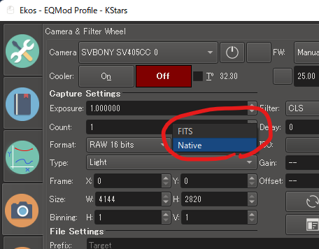 indi_sv305_ccd: Native file format can be selected, but the driver does ...
