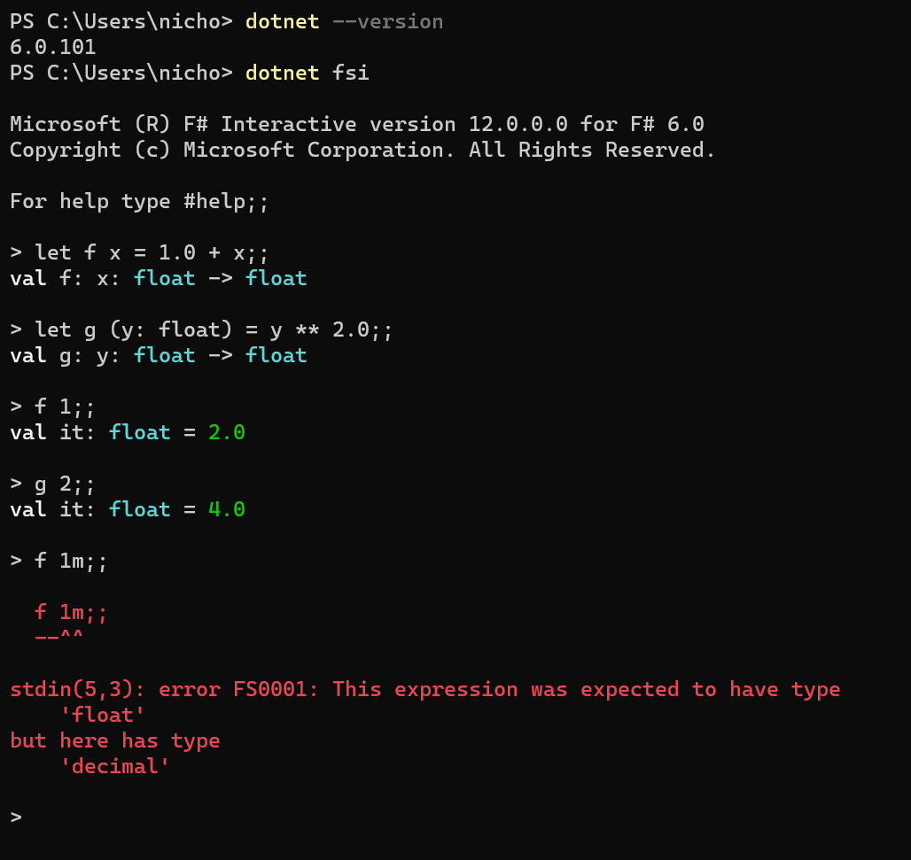 In F 6 fsi, a `float > float` function dynamically casts `int` input
