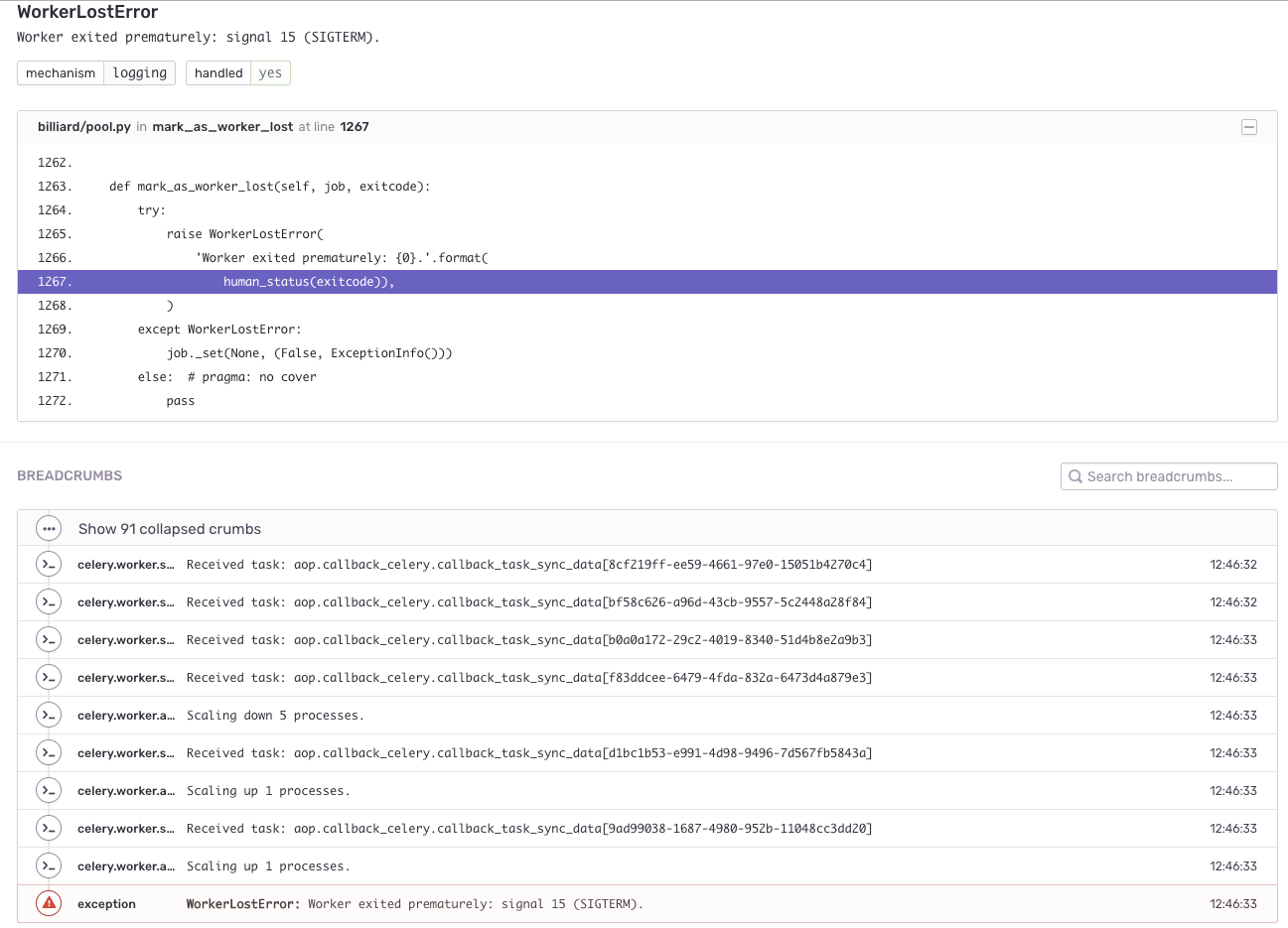 WorkerLostError Worker exited prematurely signal 15 (SIGTERM