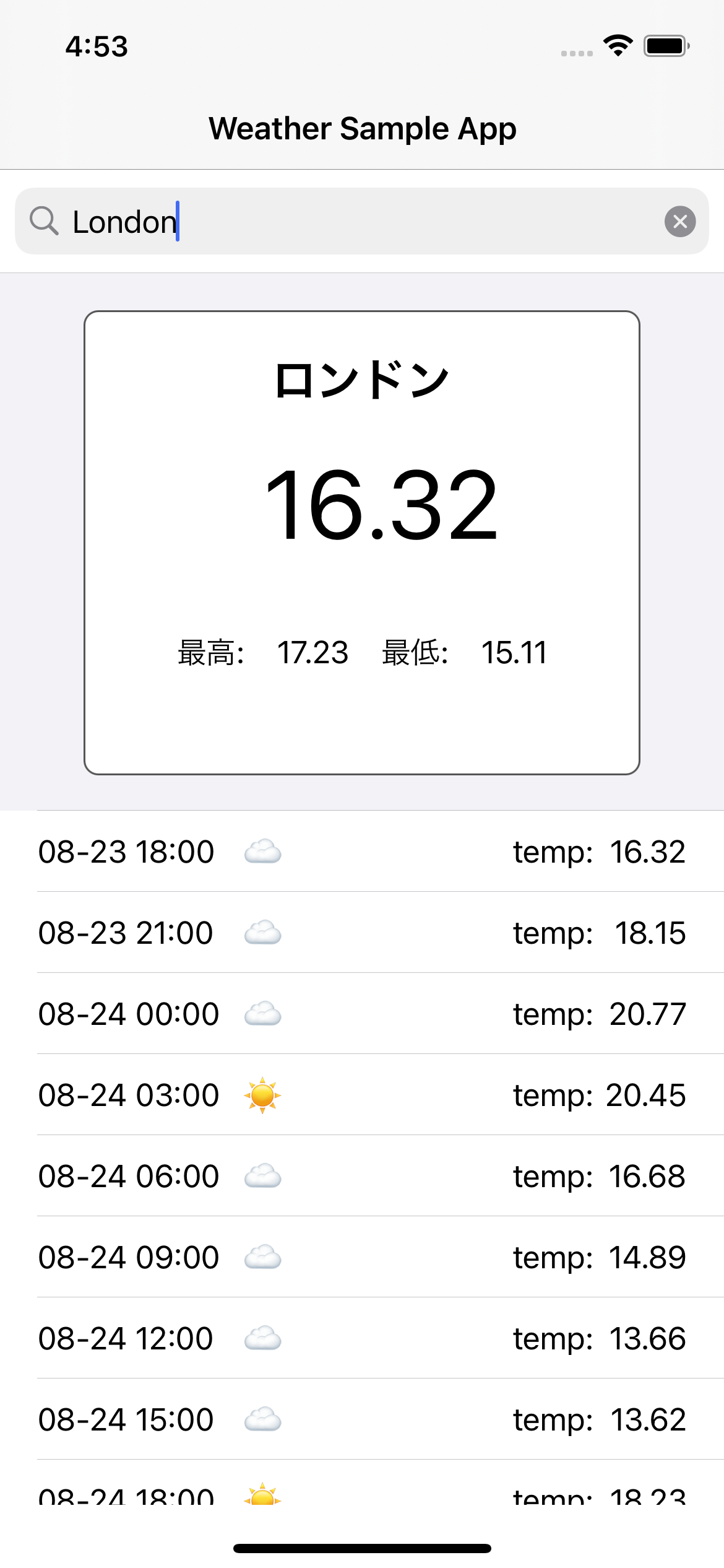 GitHub - maezawa1234/WeatherAPISampleApp: RxSwift + MVVMアーキテクチャで作成