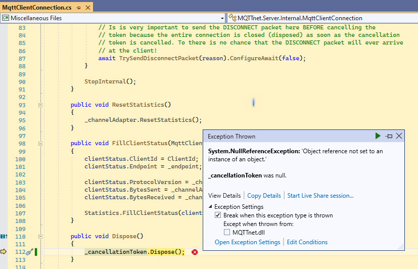 Object reference not set while disposing MqttClientConnection · Issue ...