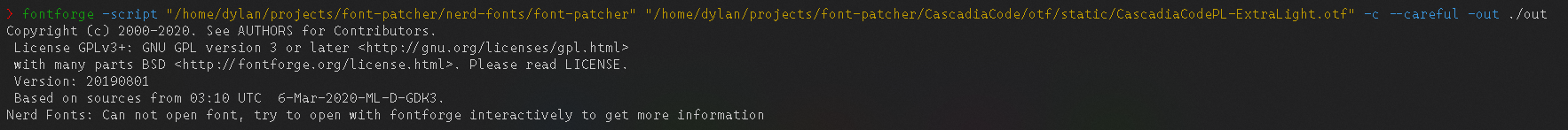 Trying to convert latest Cascadia Code PL font, Nerd Fonts cannot open ...