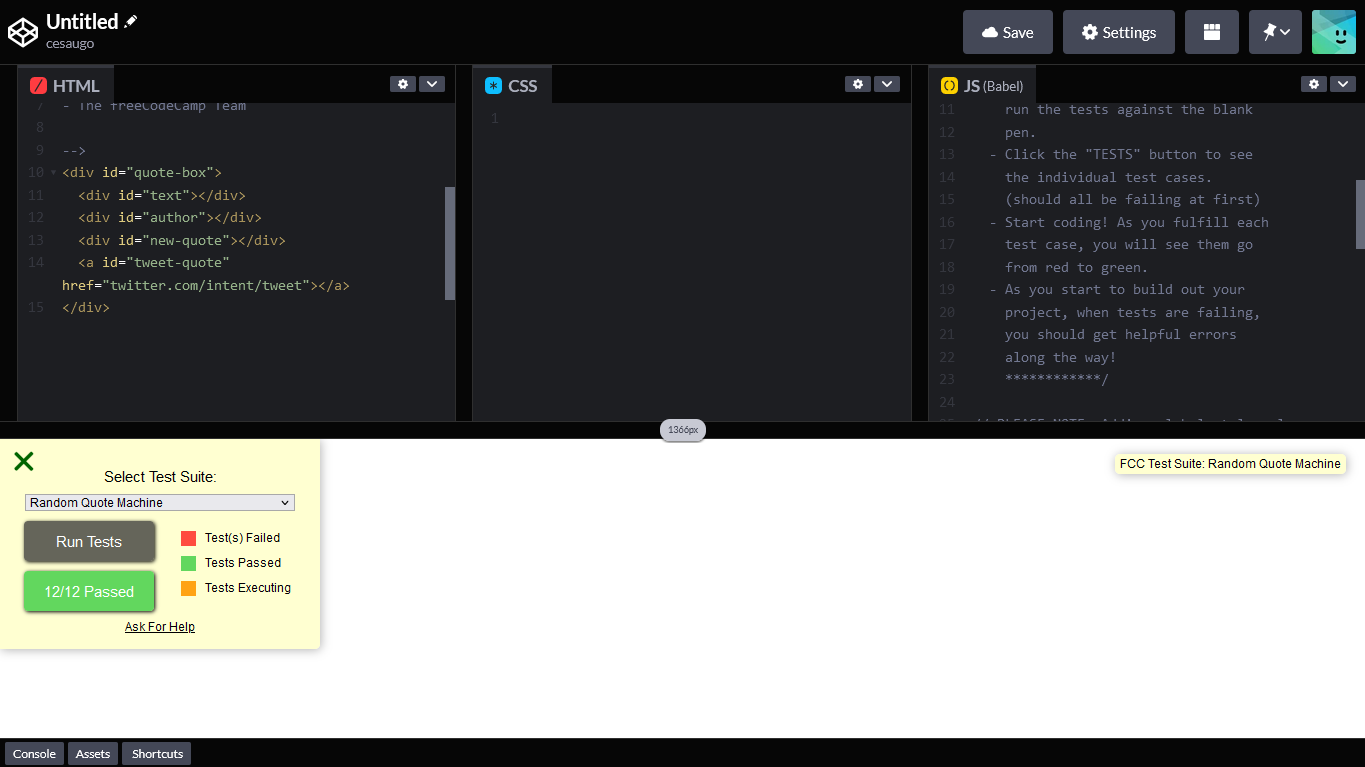 Random Quote Machine template passing 12/12 test with barely any code ...