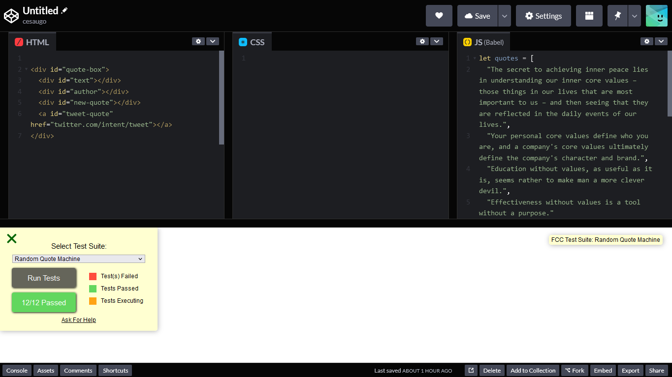Random Quote Machine template passing 12/12 test with barely any code ...