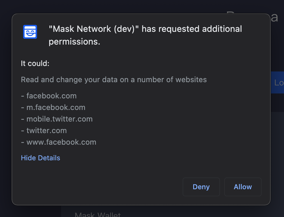 An image displaying the Mask Network is asking the permission from the user