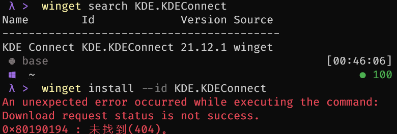 winget install KDE.KDEConnect failed while this software could be found ...
