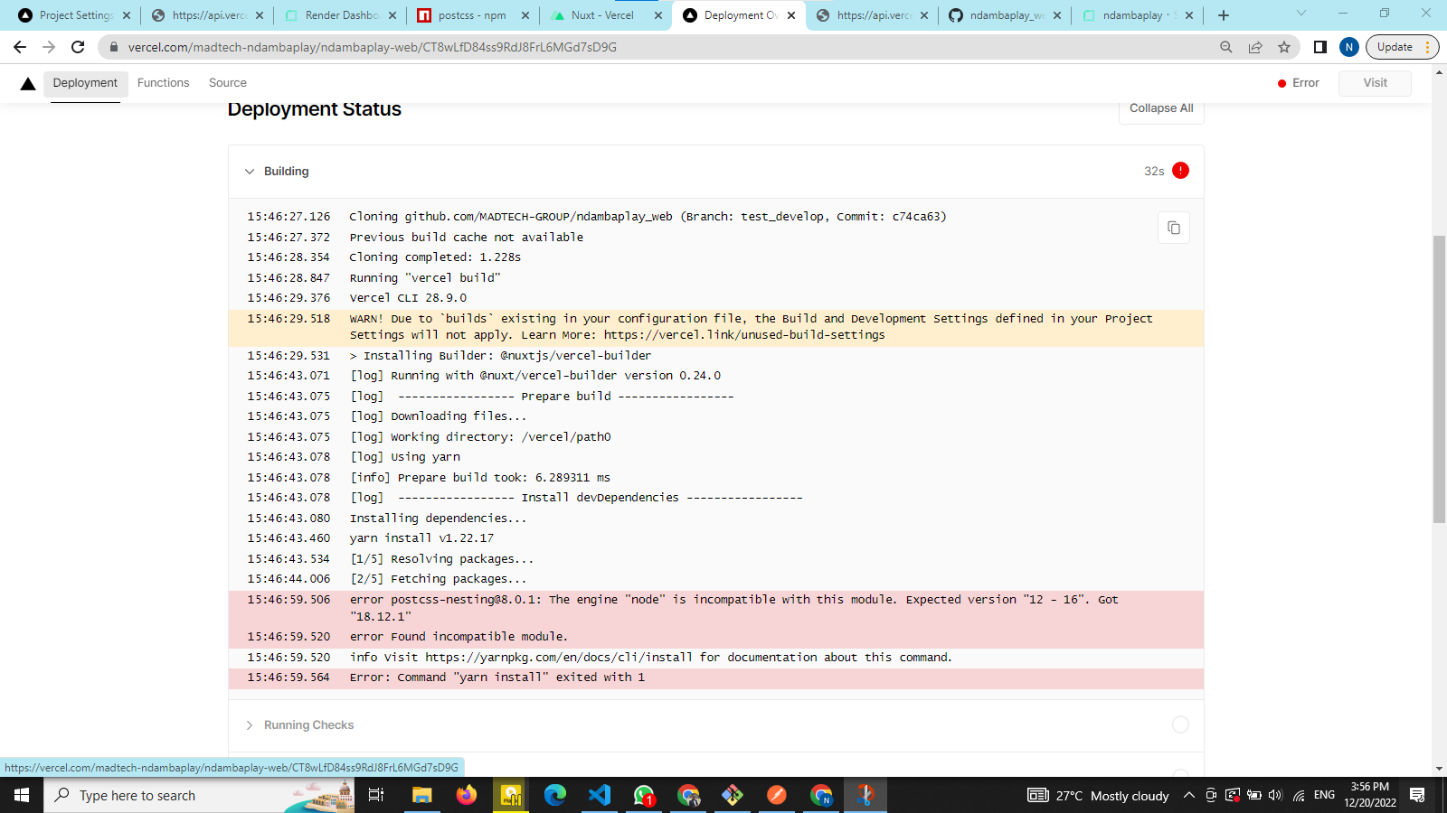 The engine "node" is with this module · vercel