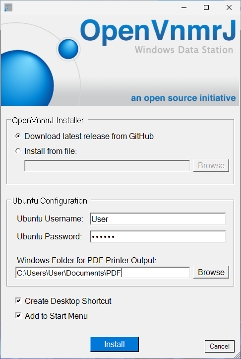 The initial installation dialog panel