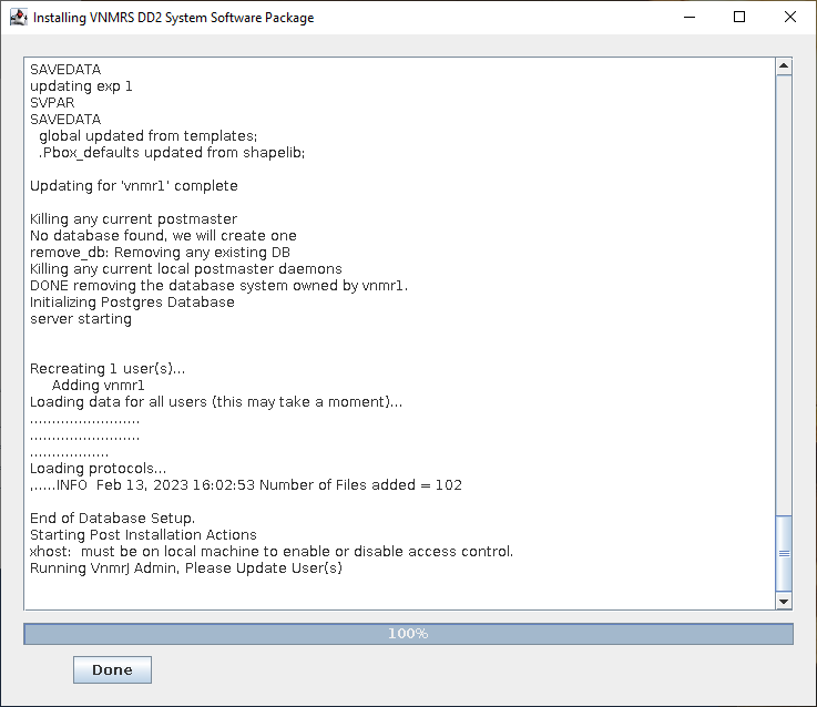 The completed OpenVnmrJ installation status panel