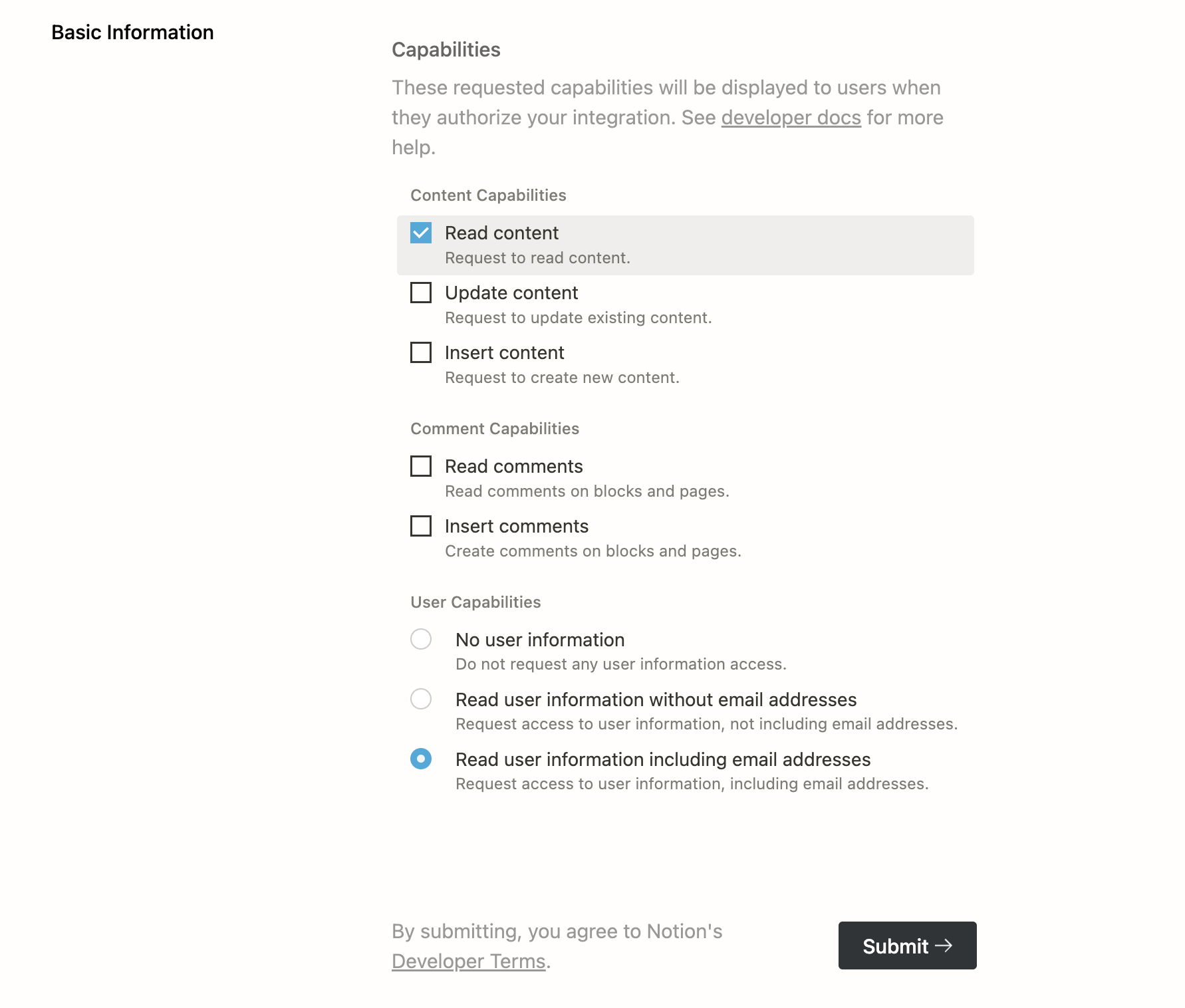 Setup capabilities