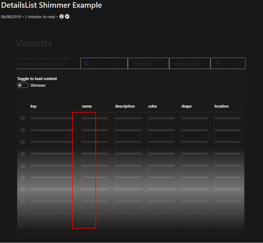 ShimmeredDetailsList shows vertical shimmer bars when resized to 90% ...